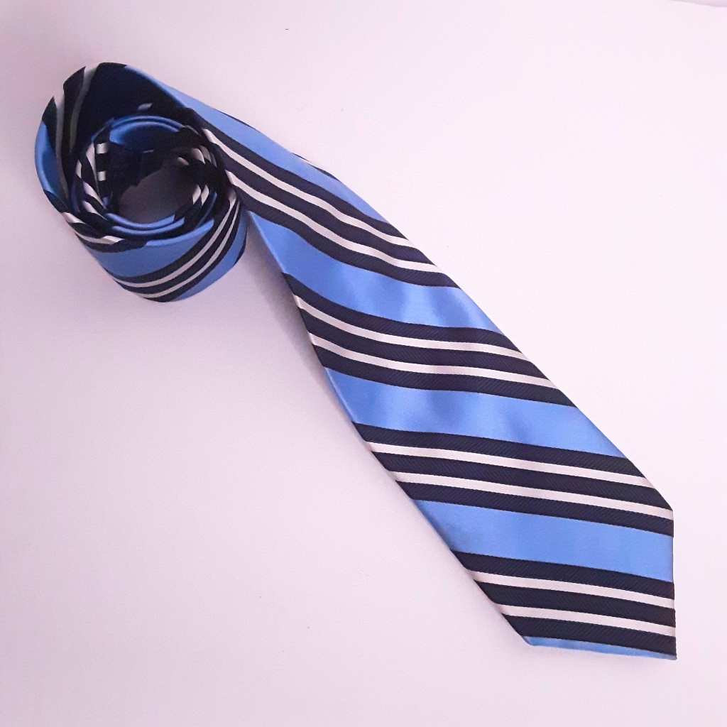Paul Frederick Mens Blue White Diagonal Stripe Imported Silk Necktie